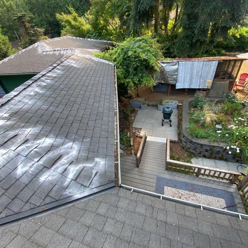 Roof shingles and gutters cleaned with moss treatment