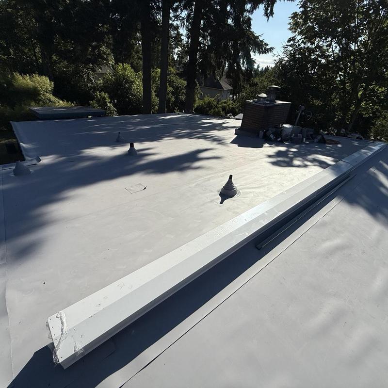 Flat rubber roof membrane with vents and chimney