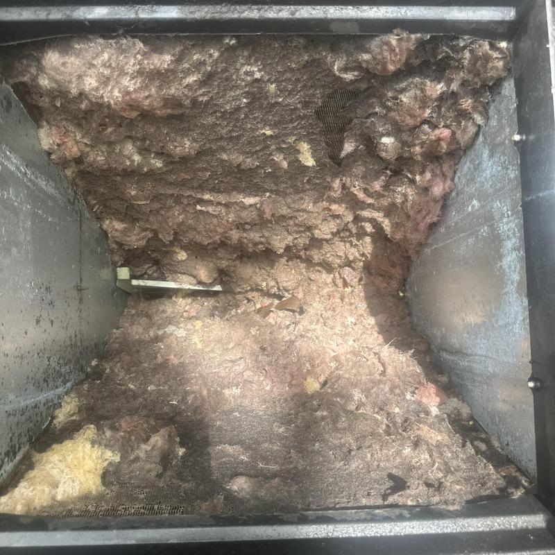 HVAC air handler coil clogged with insulation debris