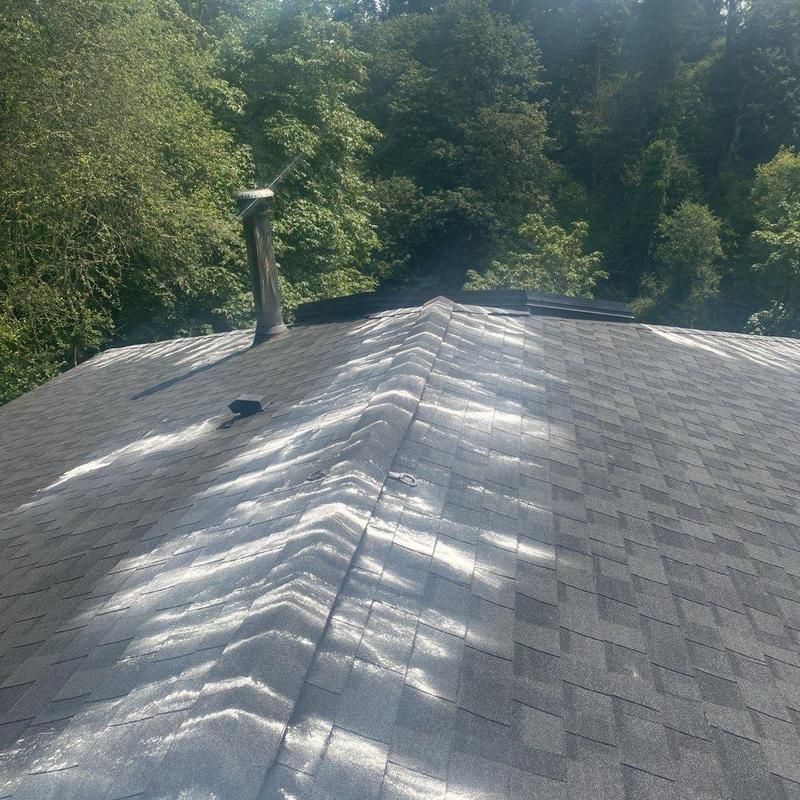 Roof shingles cleaned and treated for moss prevention