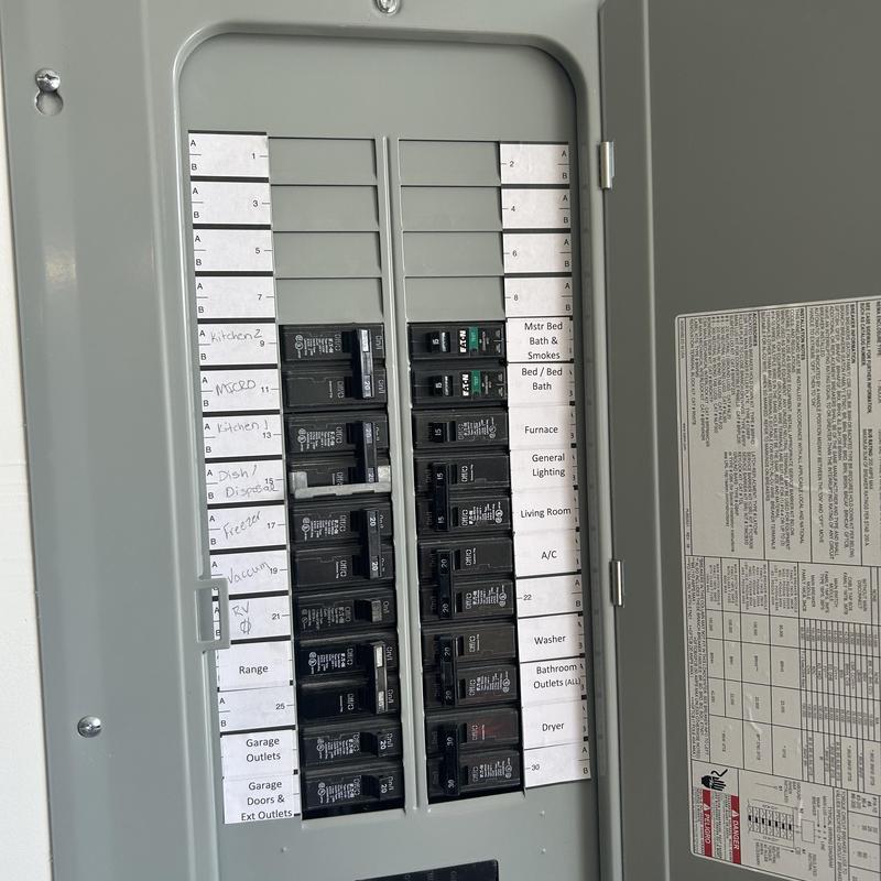 Electrical breaker panel with labeled circuits in home Electrical breaker panel with labeled circuits in home