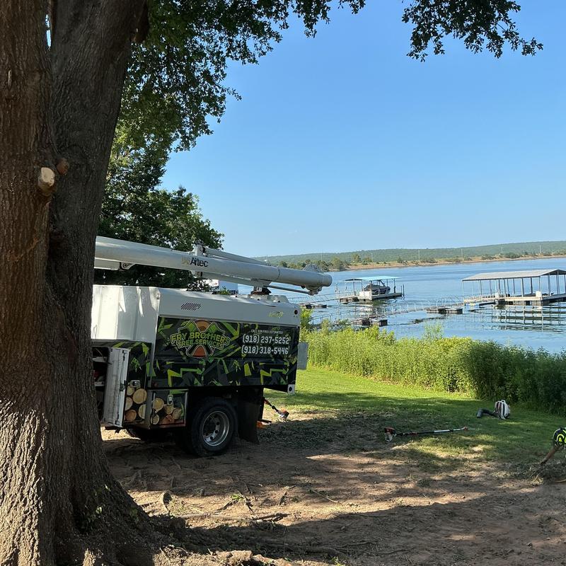 Bucket truck for tree trimming at lakeside property