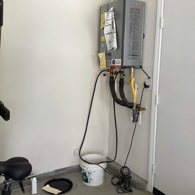 Tankless water heater with flush hoses and bucket