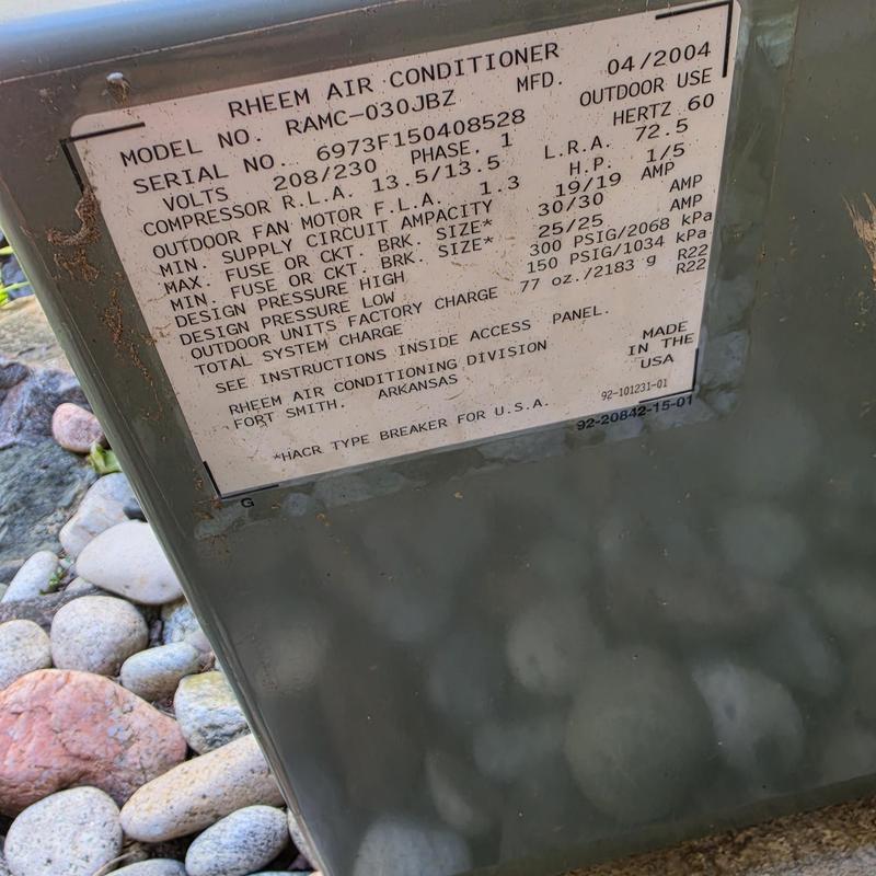 Rheem RAMC-030JBZ air conditioner label close-up Rheem RAMC-030JBZ air conditioner label close-up