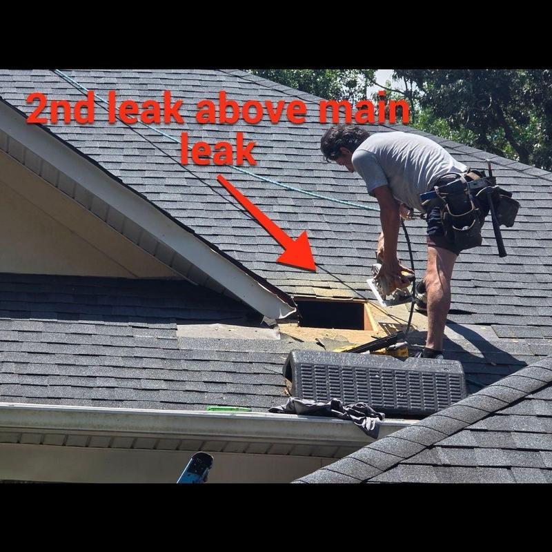 Roof shingles with leak repair and missing section