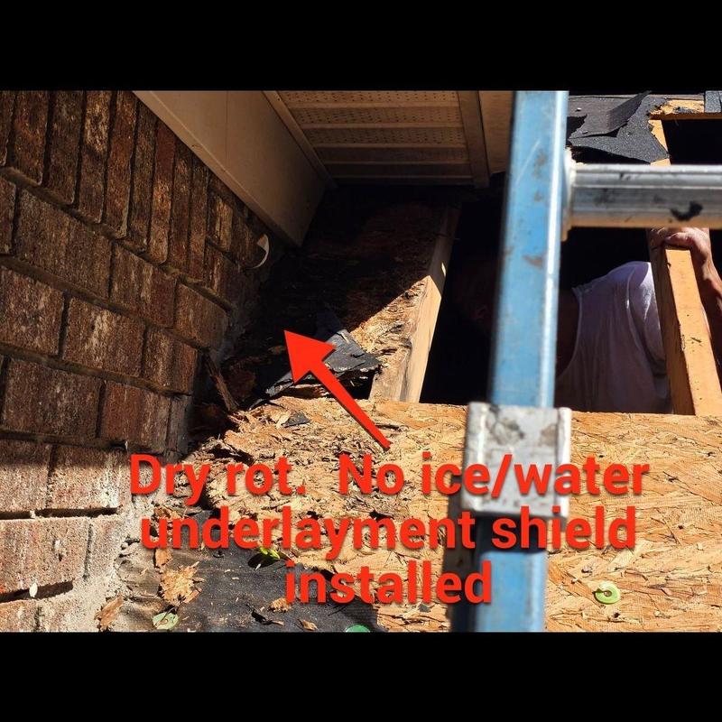 Roof dry rot with missing ice and water shield