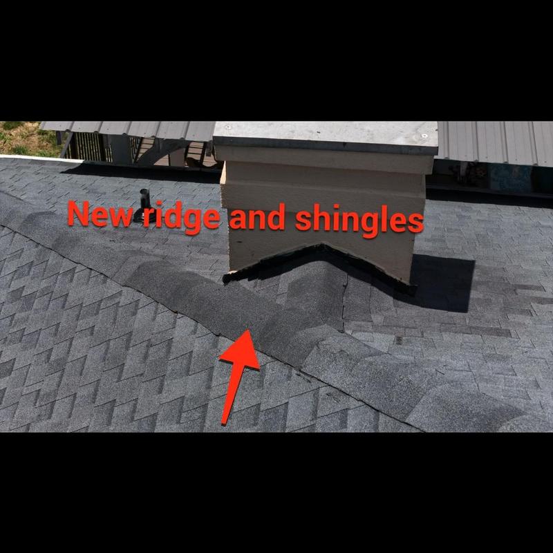Roof ridge and shingles with new installation near chimney