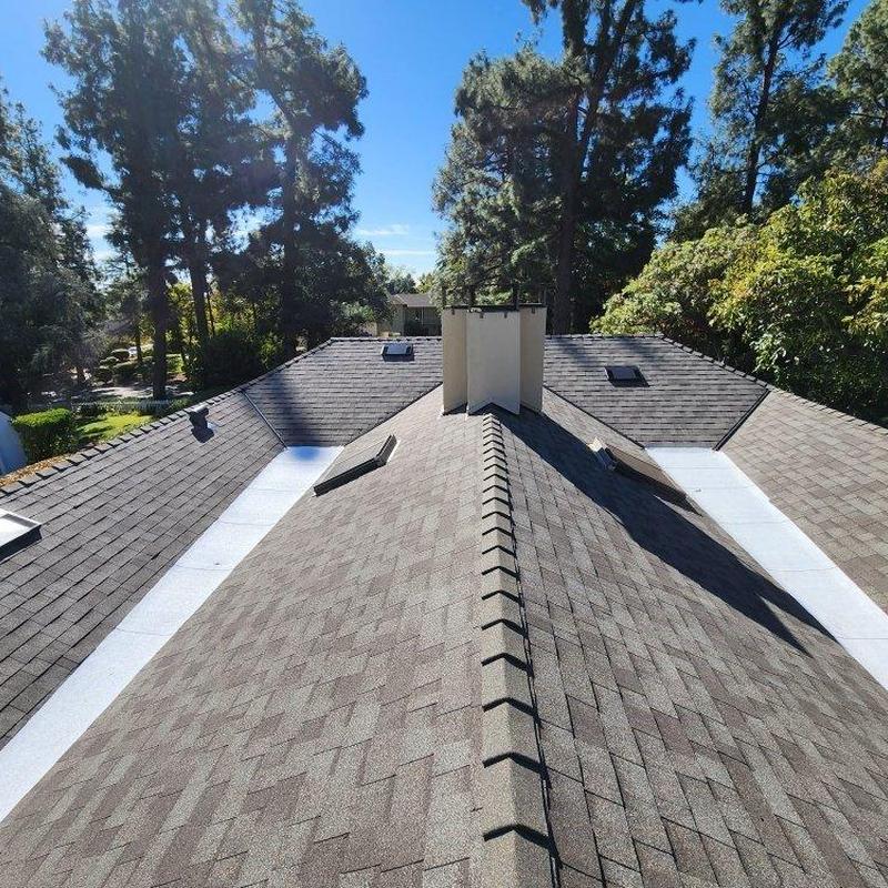 Shingle roof with ventilation skylights on a sunny day Shingle roof with ventilation skylights on a sunny day