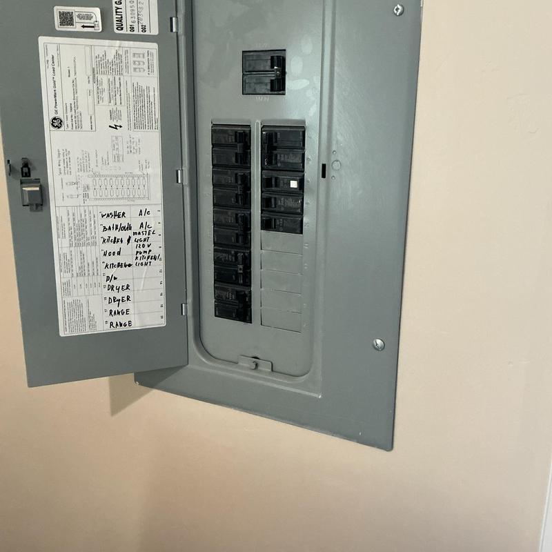 Electric panel with circuit breakers and labels