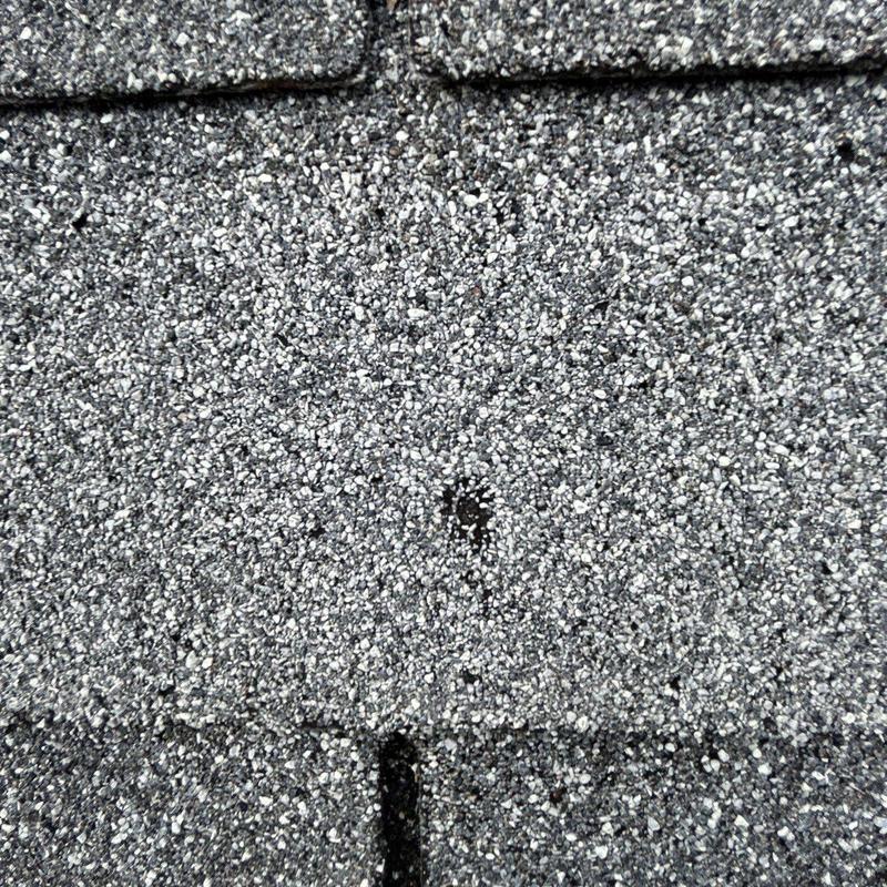 Roof shingles showing hail impact damage close-up