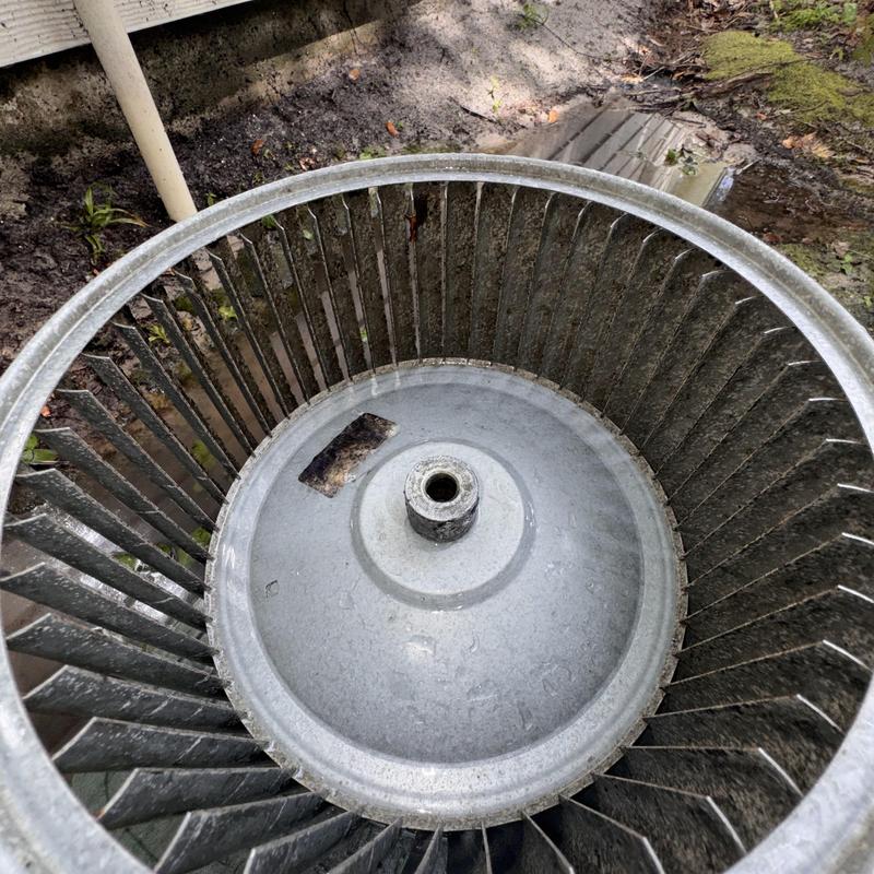 Heat pump blower motor wheel before cleaning outdoors