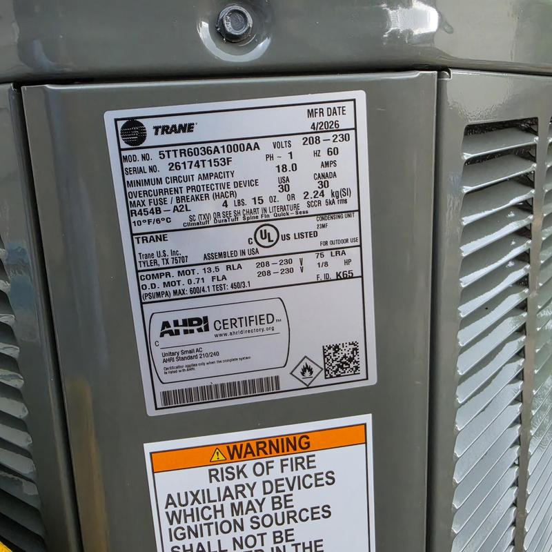 Trane 16 SEER air conditioner model 5TTR6036A1000AA label Trane 16 SEER air conditioner model 5TTR6036A1000AA label