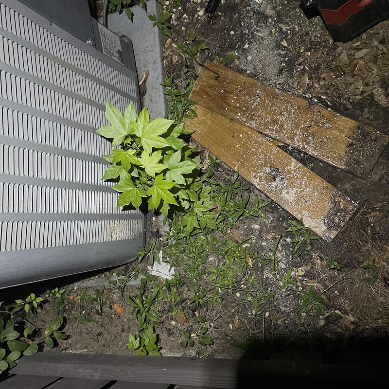 Air conditioner condenser unit with surrounding debris and plants