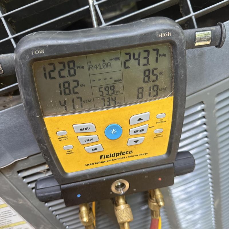 Refrigerant manifold gauge displaying R410A readings