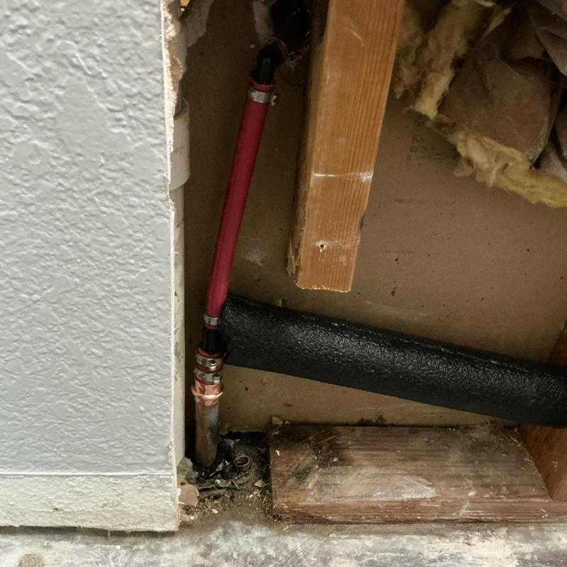 PEX hot water line replacement with copper fitting in wall cavity