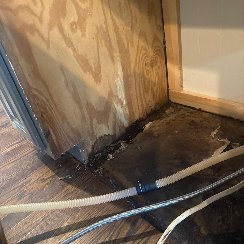 Cabinet base with water damage and plumbing hoses