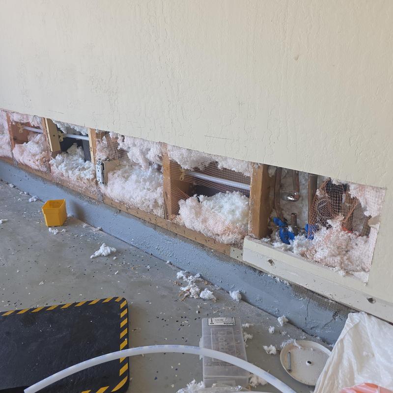 Cold water pipe reroute in wall slab leak repair Cold water pipe reroute in wall slab leak repair