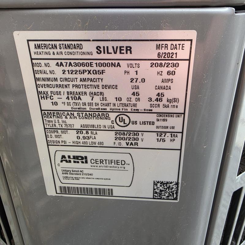 American Standard Silver AC unit label and specs American Standard Silver AC unit label and specs