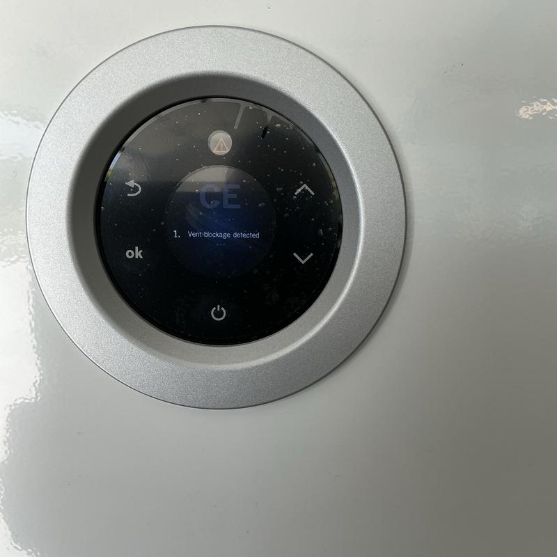 Water heater control panel showing vent blockage error