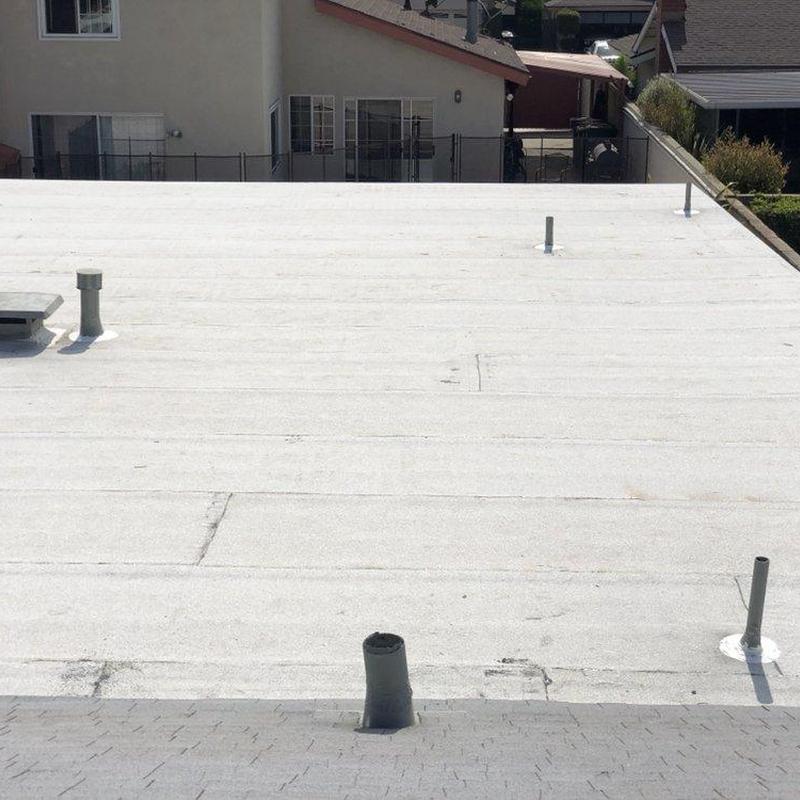 Flat roof membrane with vent pipes and seams Flat roof membrane with vent pipes and seams