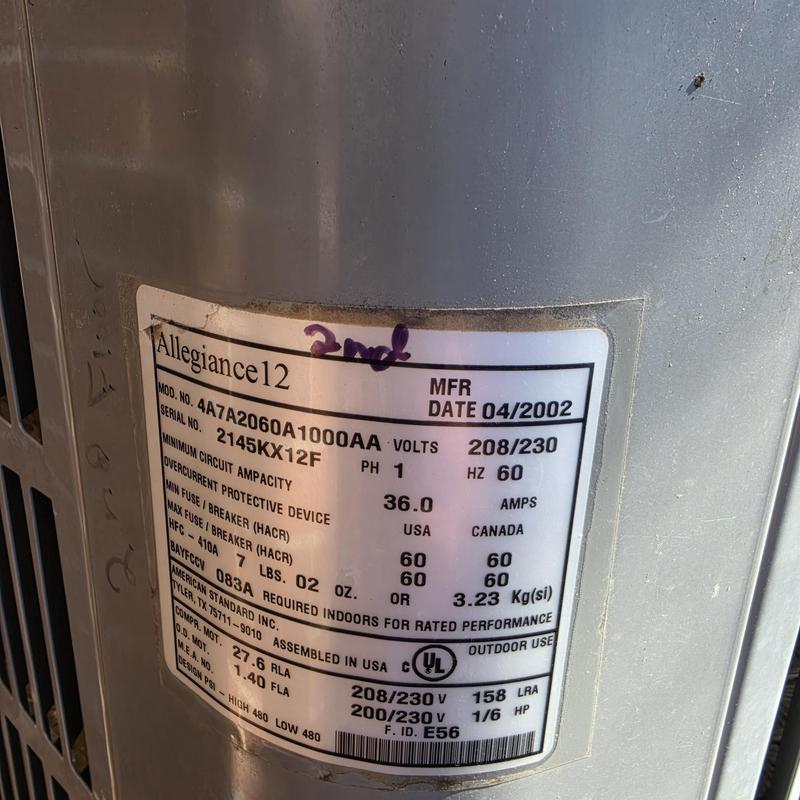 American Standard Allegiance 12 air conditioner label American Standard Allegiance 12 air conditioner label