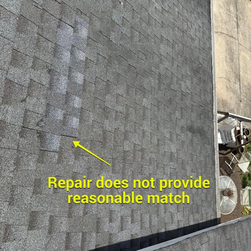 Asphalt roof shingles with mismatched repair marked