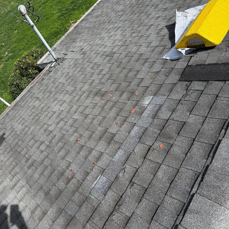 Asphalt shingles with hail damage marked for inspection