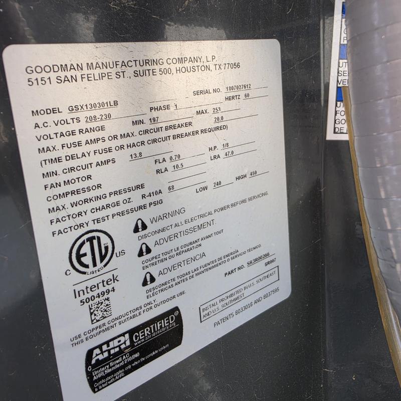 Goodman AC unit label GSX130301LB close-up Goodman AC unit label GSX130301LB close-up