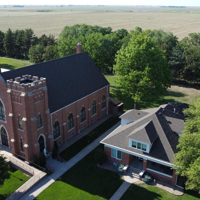 Tamko Stormfighter Flex shingle roof on brick church Tamko Stormfighter Flex shingle roof on brick church