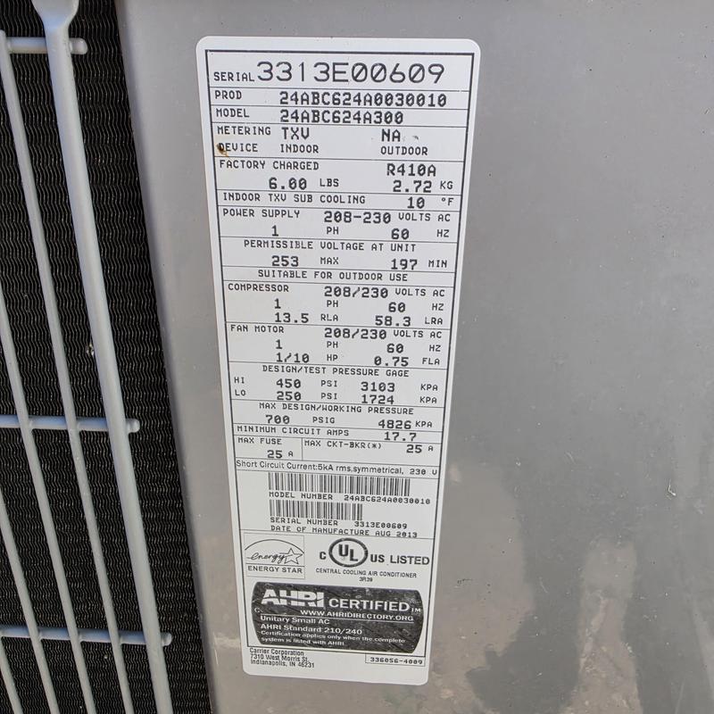 Carrier model 24ABC624A300 air conditioner label Carrier model 24ABC624A300 air conditioner label