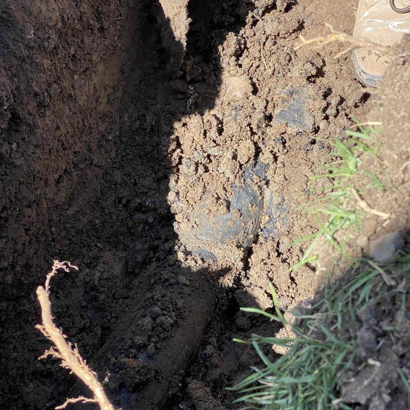 Sewer line exposed in trench with soil and roots Sewer line exposed in trench with soil and roots