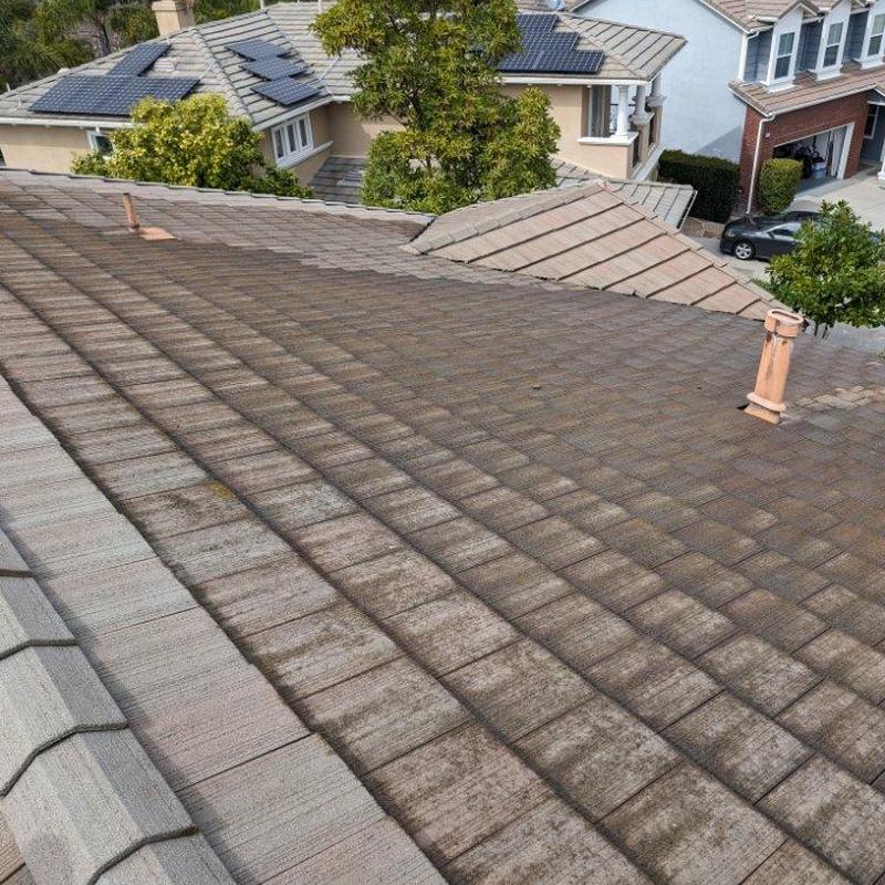 Tile roof with moss and dirt buildup on shingles Tile roof with moss and dirt buildup on shingles