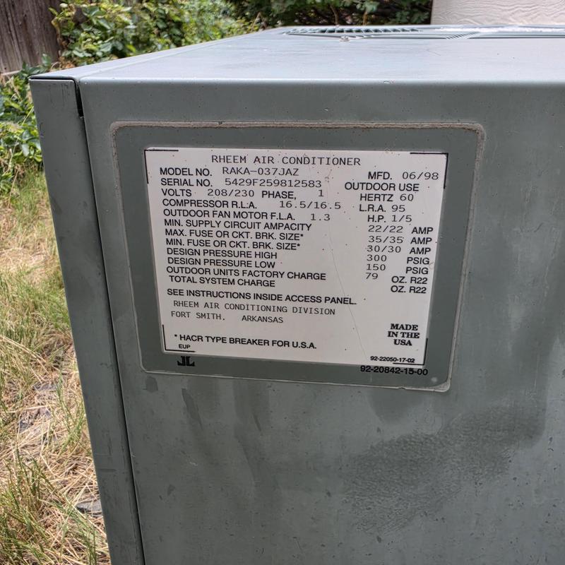 Rheem Rheem RAKA-037JAZ air conditioner label on unit Rheem Rheem RAKA-037JAZ air conditioner label on unit