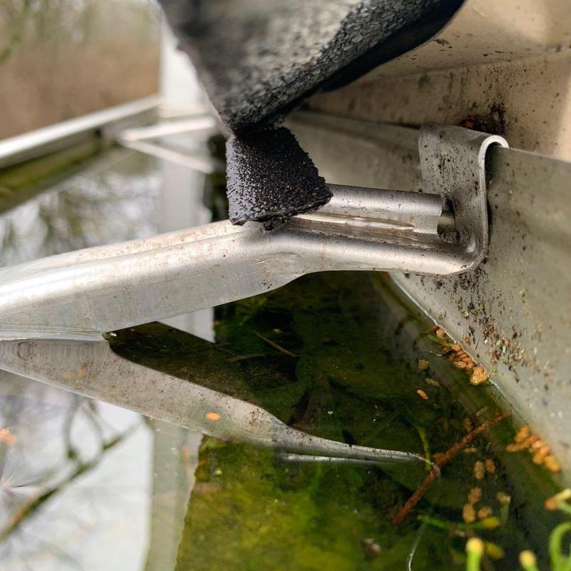 Gutter with standing water and debris buildup close-up