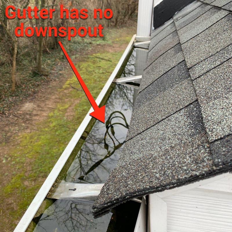 Gutter without downspout filled with water