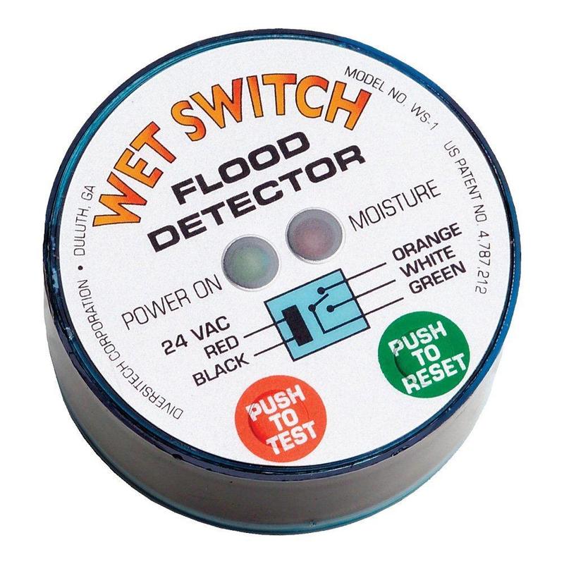 Wet switch flood detector with test and reset buttons