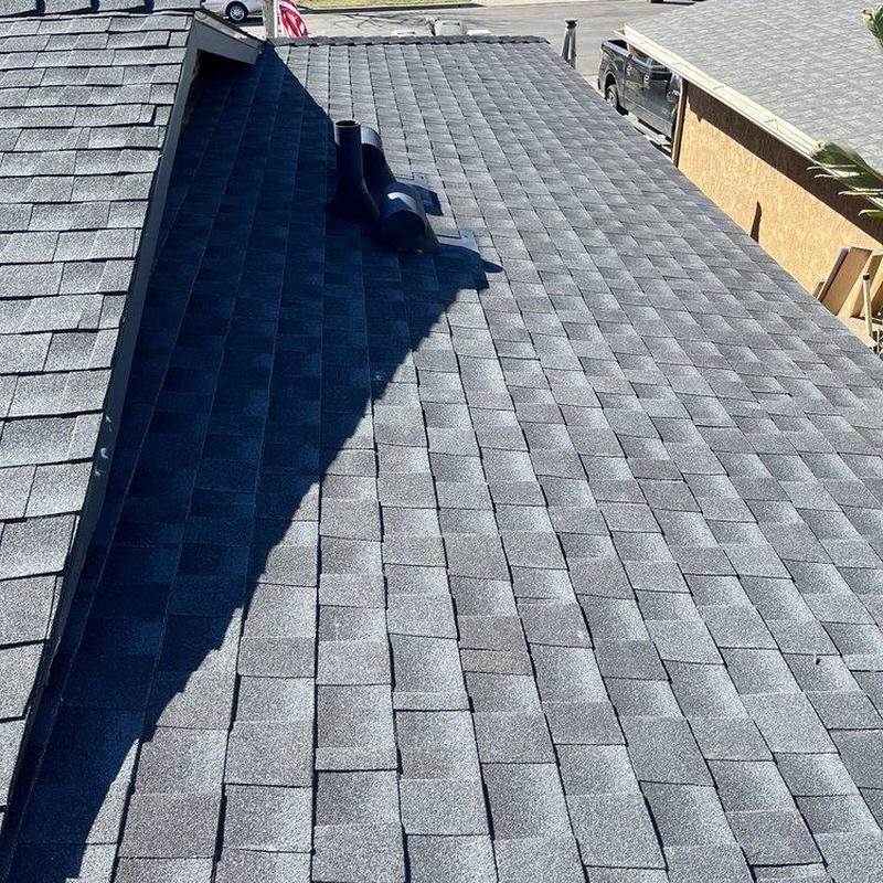 Asphalt shingle roof with vent pipes in sunlight Asphalt shingle roof with vent pipes in sunlight