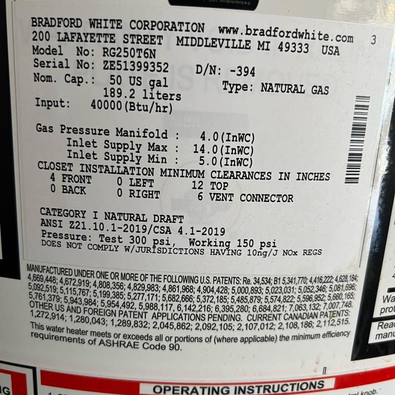 Bradford White 50-gal natural gas water heater label Bradford White 50-gal natural gas water heater label