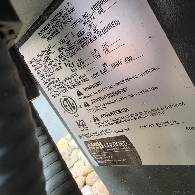 Goodman AC model GSX130361BA label close-up Goodman AC model GSX130361BA label close-up