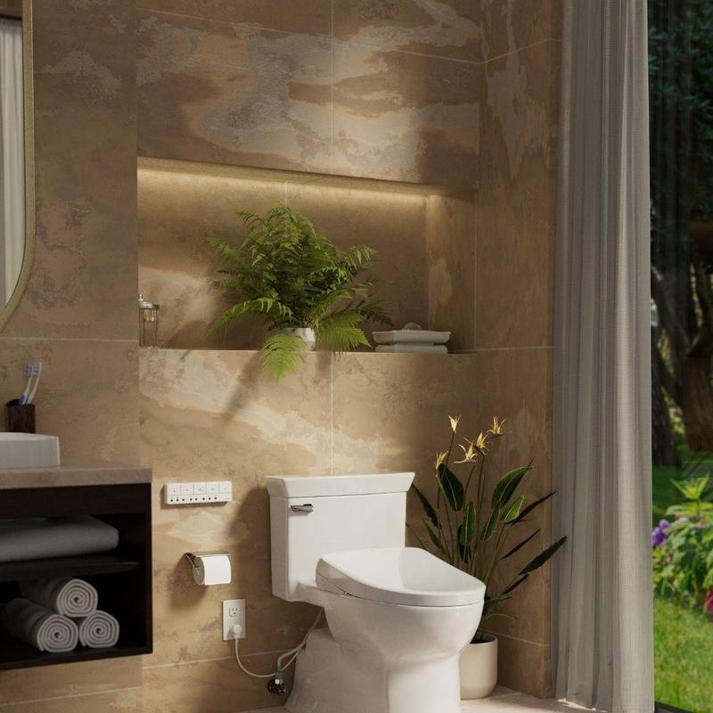 Bathroom toilet with modern flush system and plants Bathroom toilet with modern flush system and plants