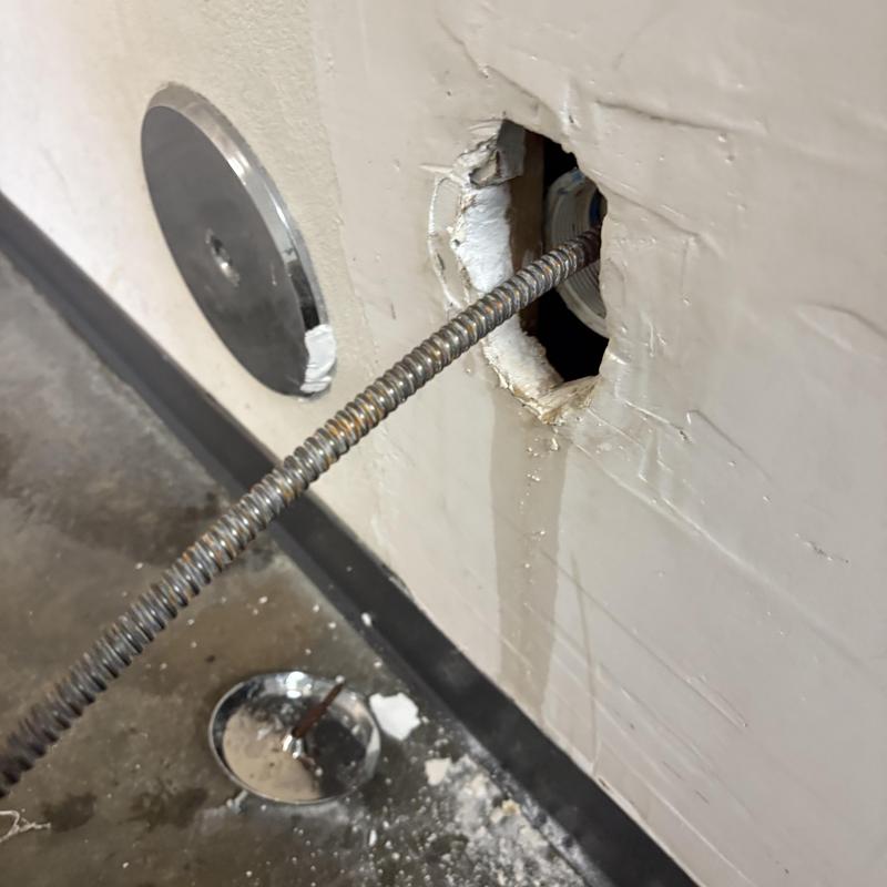 Secondary drain line cleanout with plumbing snake inserted