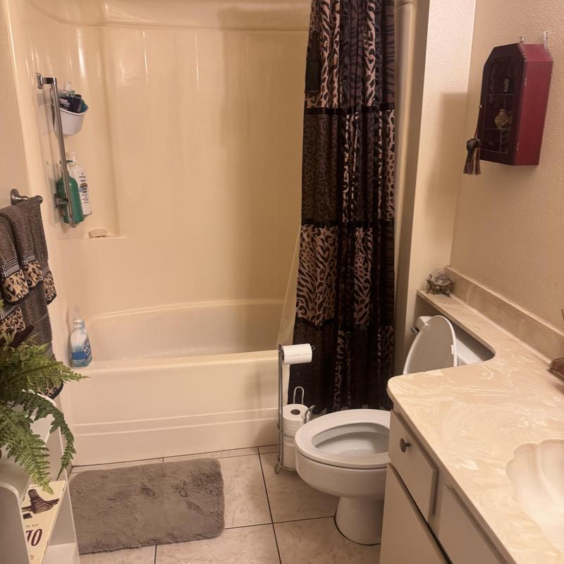 Fiberglass shower tub with curtain and toilet nearby Fiberglass shower tub with curtain and toilet nearby