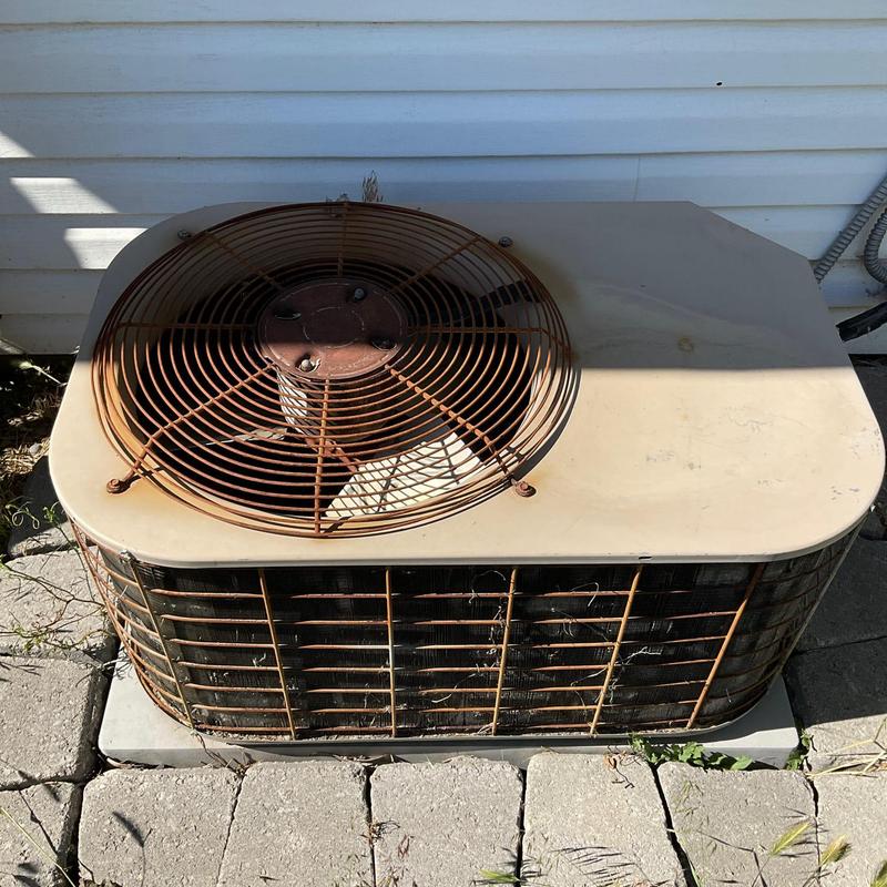 Central air conditioner unit with rusted fan guard