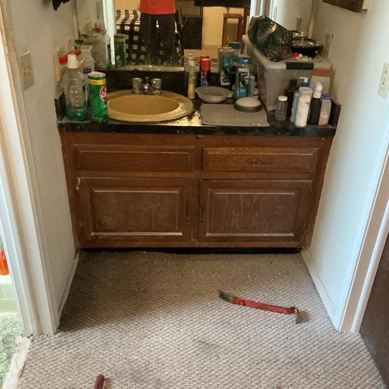 Bathroom vanity and carpet with water damage inspection Bathroom vanity and carpet with water damage inspection