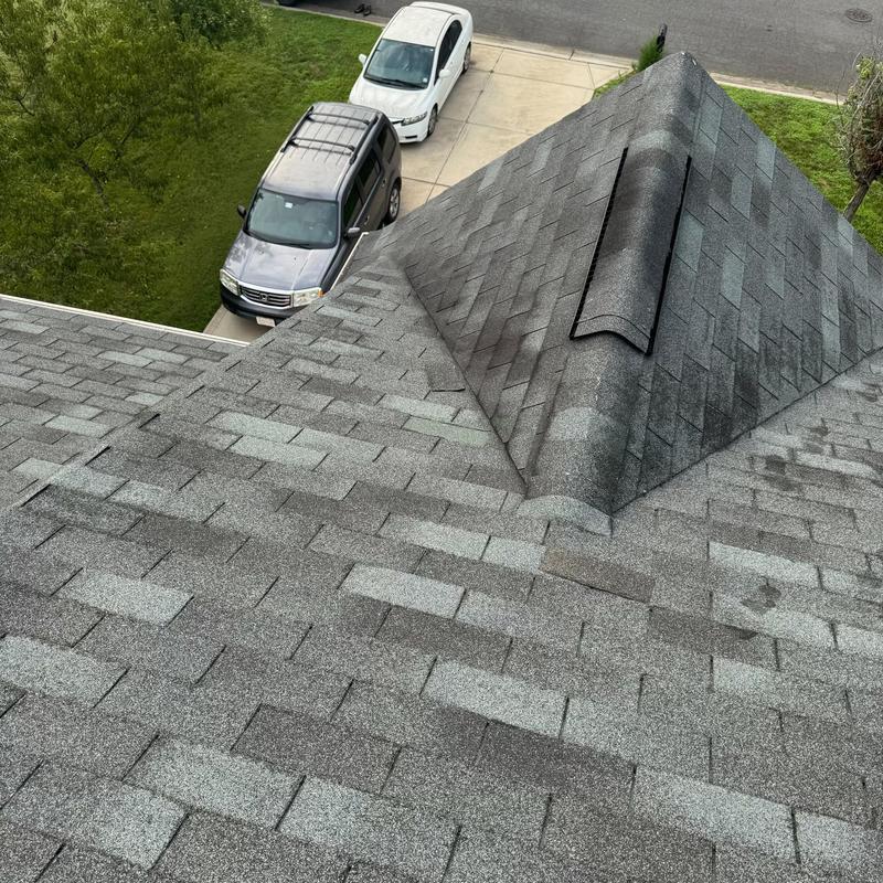 Three tab shingle roof showing missing tabs and wear