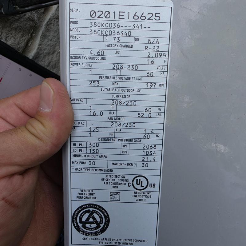 Carrier 38CKC036340 air conditioner spec label Carrier 38CKC036340 air conditioner spec label