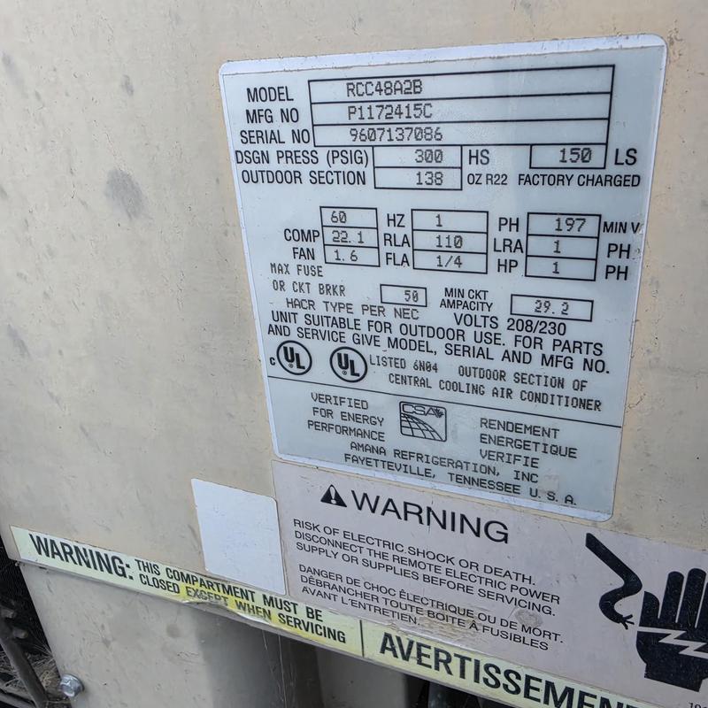 Outdoor condenser unit RCC48A2B label and warning sign Outdoor condenser unit RCC48A2B label and warning sign