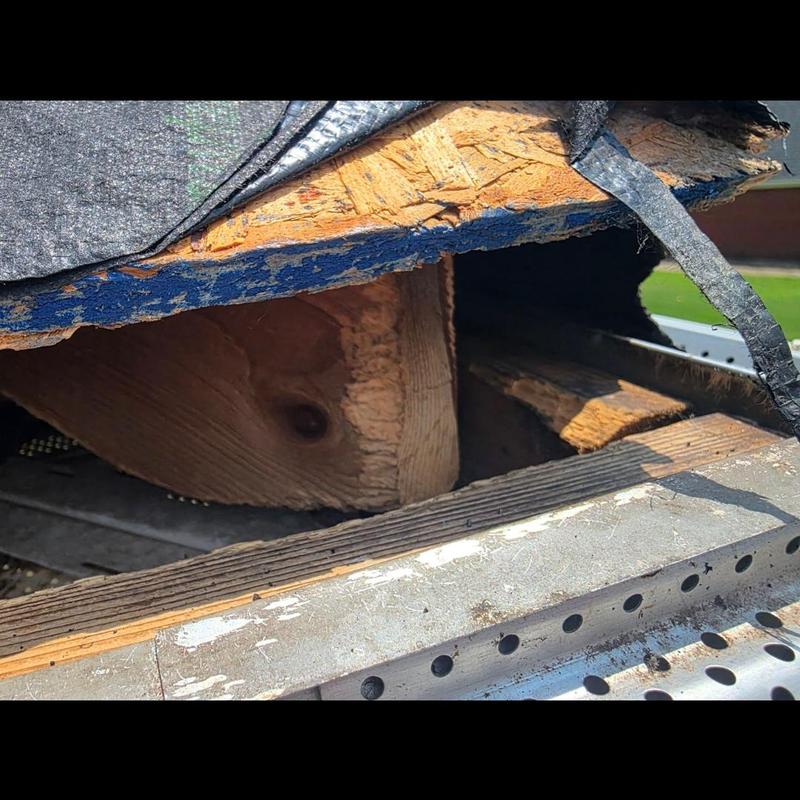 Roof sheathing damage under removed shingles near hip ridge