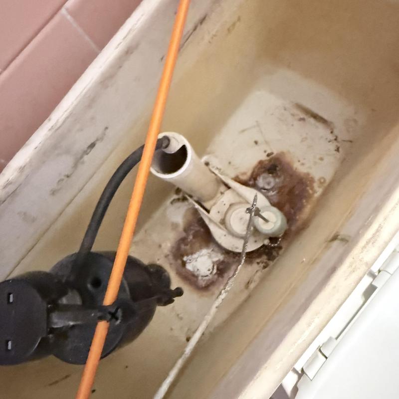 Toilet tank interior with rust and sediment buildup