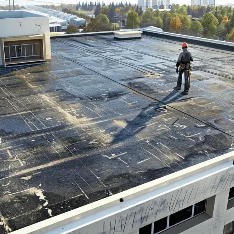 Commercial flat roof with technician inspecting surface Commercial flat roof with technician inspecting surface